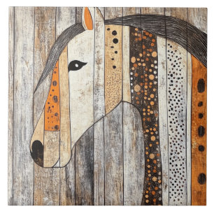 Azulejo Caballo geométrico boho rústico con veta de madera