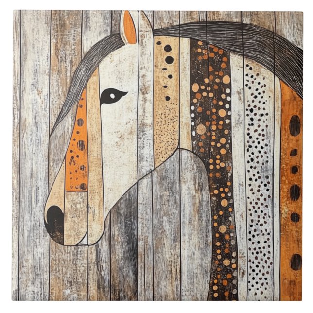 Azulejo Caballo geométrico boho rústico con veta de madera (Frente)