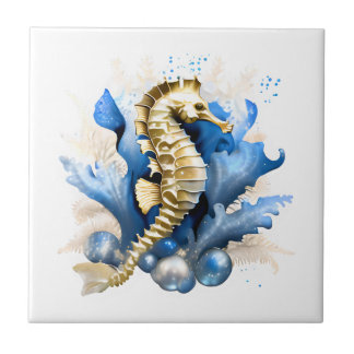 Azulejo Caballo marino mar mar pez azul fantasía de oro