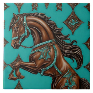 Azulejo Caballo marrón turquesa del país occidental de Cow