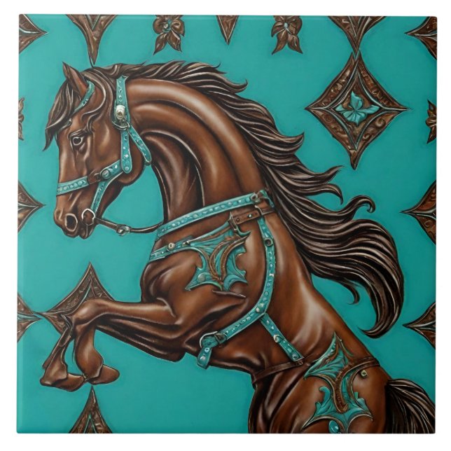 Azulejo Caballo marrón turquesa del país occidental de Cow (Frente)