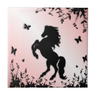Azulejo Caballo negro alzado rosa