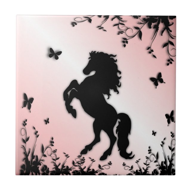 Azulejo Caballo negro alzado rosa (Frente)
