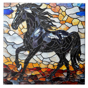 Azulejo Caballo negro de vidrio emplomado