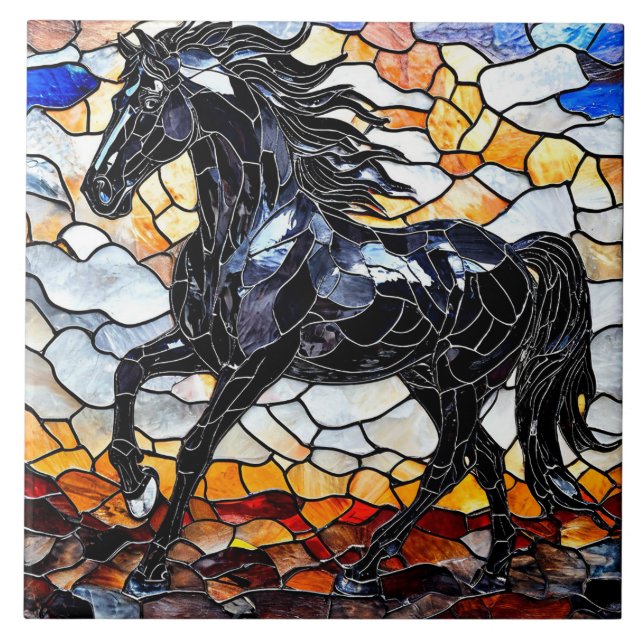 Azulejo Caballo negro de vidrio emplomado (Frente)