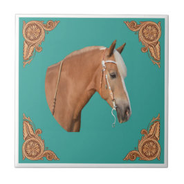 Azulejo Caballo Palomino Occidental Con Esquinas De Cuero