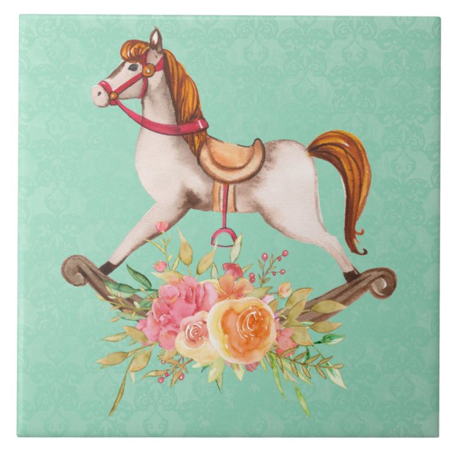 Azulejo Caballo rocoso vintage con Bouquet floral (Frente)