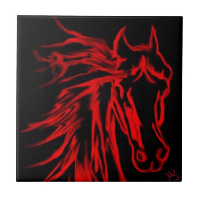 Azulejo Caballo Rojo sobre Arte Original Negro  (Frente)