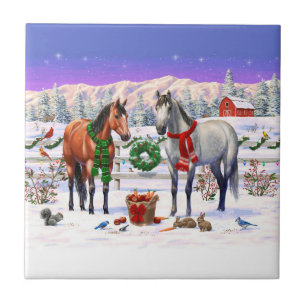 Azulejo Caballos bayos y grises con manchas en la nieve Gr
