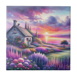 Azulejo Cabaña Atardecer Pastel Jardín junto al Lago Paisa
