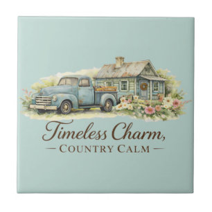 Azulejo Cabaña Camioneta Azul Vintage Flor Silvestre Tranq
