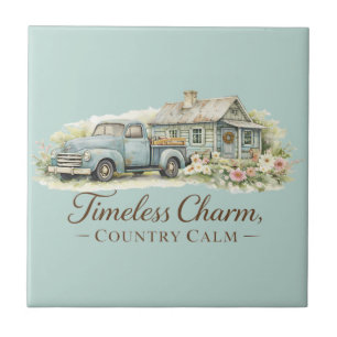 Azulejo Cabaña Camioneta Azul Vintage Flor Silvestre Tranq