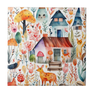 Azulejo Cabaña de cabaña de animales de campo floridos cas