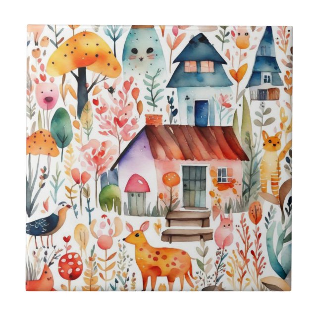 Azulejo Cabaña de cabaña de animales de campo floridos cas (Frente)