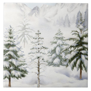 Azulejo Cabaña de invierno en bosque nevado acuarela