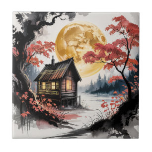 Azulejo Cabaña iluminada por la luna Arte del bosque japon