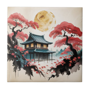 Azulejo Cabaña iluminada por la luna Arte del bosque japon