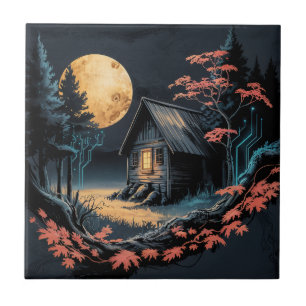 Azulejo Cabaña iluminada por la luna Arte del bosque japon