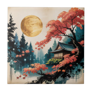 Azulejo Cabaña iluminada por la luna Arte del bosque japon