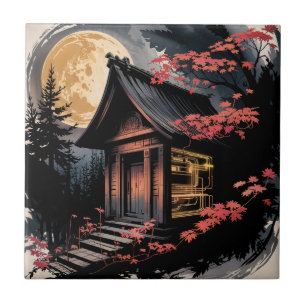 Azulejo Cabaña iluminada por la luna Arte del bosque japon