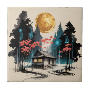 Azulejo Cabaña iluminada por la luna Arte del bosque japon