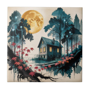 Azulejo Cabaña iluminada por la luna Arte forestal japonés