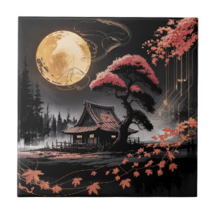 Azulejo Cabaña iluminada por la luna Arte forestal japonés