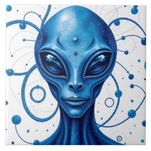 Azulejo Cabeza de alienígena azul en primer plano, arte de