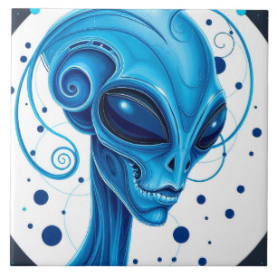 Azulejo Cabeza de alienígena azul en primer plano arte de