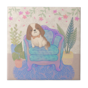 Azulejo Cachorro Adorable en Ilustración de Silla de Brazo