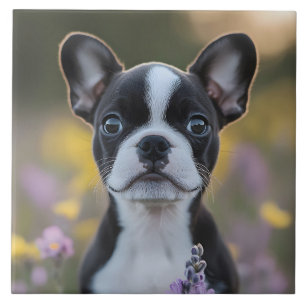 Azulejo Cachorro de Boston Terrier Flores Lupino