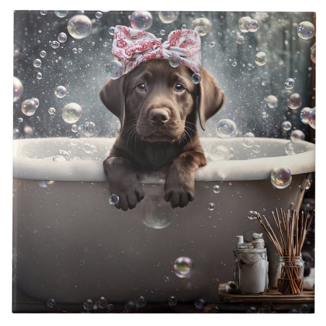 Azulejo Cachorro de Labrador de Chocolate Adorable Spa Bañ (Frente)
