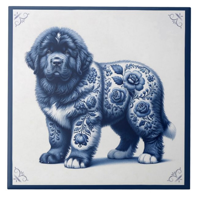 Azulejo Cachorro de Newfoundland Delft Azul (Frente)