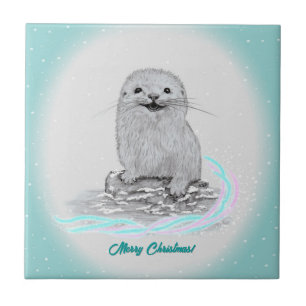 Azulejo Cachorro de Nutria Marina Blanca Adorable, Feliz N