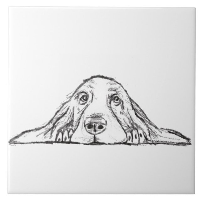Azulejo cachorro de ojos simples negro y blanco de basset  (Frente)