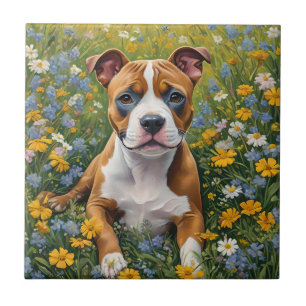 Azulejo Cachorro de Staffordshire Bull Terrier marrón y bl