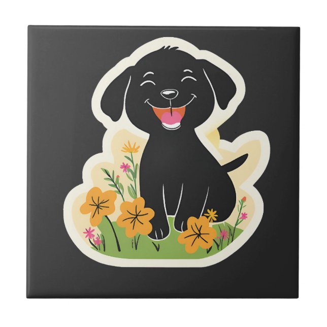 Azulejo Cachorro negro feliz en flores silvestres (Frente)