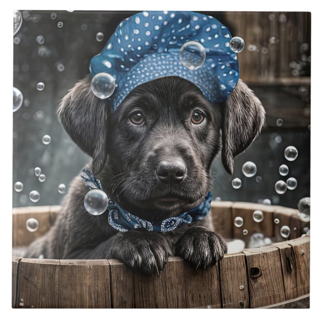 Azulejo Cachorro Negro Labrador Bebé Spa Baño de Burbujas (Frente)