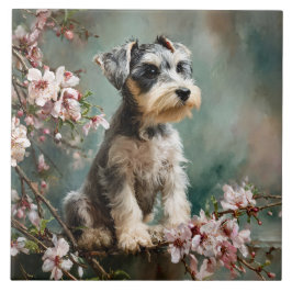 Azulejo Cachorro Schnauzer entre flores de cerezo primaver