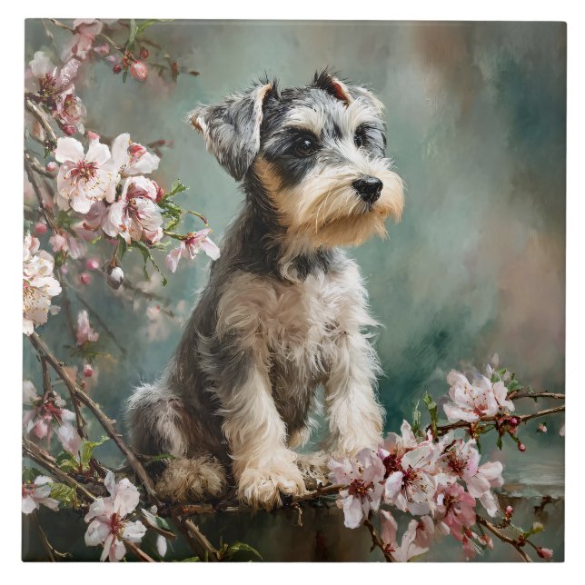Azulejo Cachorro Schnauzer entre flores de cerezo primaver (Frente)