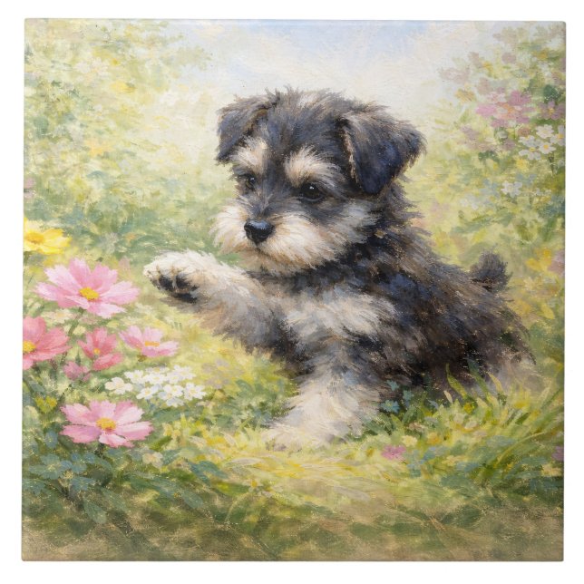 Azulejo Cachorro Schnauzer Flores de Primavera (Frente)