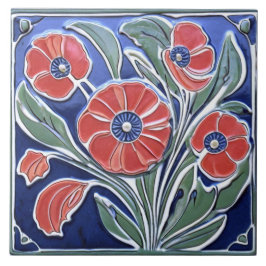 Azulejo Cachorros rojos Flor de amapola Art Deco Nouveau
