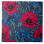 Azulejo Cachorros rojos y flores azules en azul<br><div class="desc">Patrón vectorial dibujado a mano con flores rojas de amapola y flores azules</div>