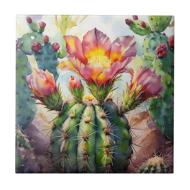 Azulejo Cactus acuarela con flores del desierto vibrantes (Frente)