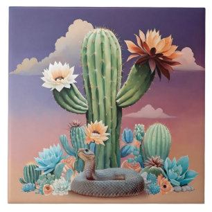 Azulejo Cactus Blossoms Rattlesnake Deert Art