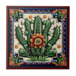 Azulejo Cactus cerámica al estilo Huichol mexicano 12/12