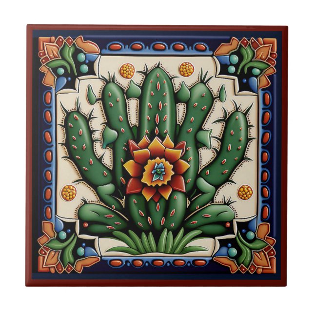 Azulejo Cactus cerámica al estilo Huichol mexicano 12/12 (Frente)