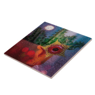 Azulejo Cactus Lifesaver a través de una ventana lluviosa