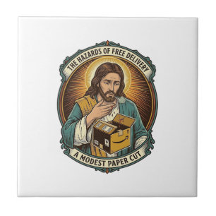 Azulejo Caja de cartón de Jesús cortó el dedo dolor humor_