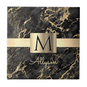 Azulejo Caja de oro de mármol negro y dorado, monograma de